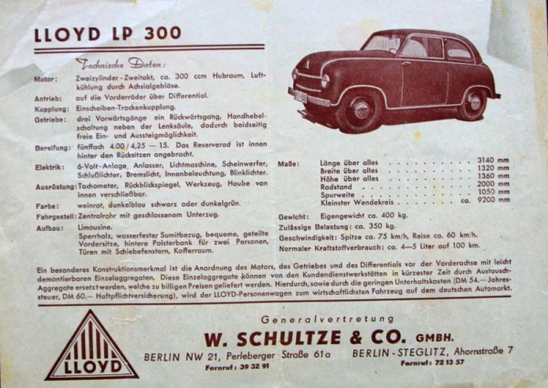 Lloyd LP 300 Modelprogram 1950 Carbrochure (6615)